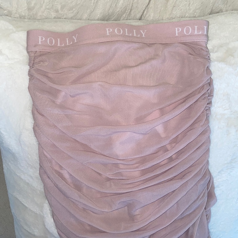 Light pink strapless mesh ruched maxi dress